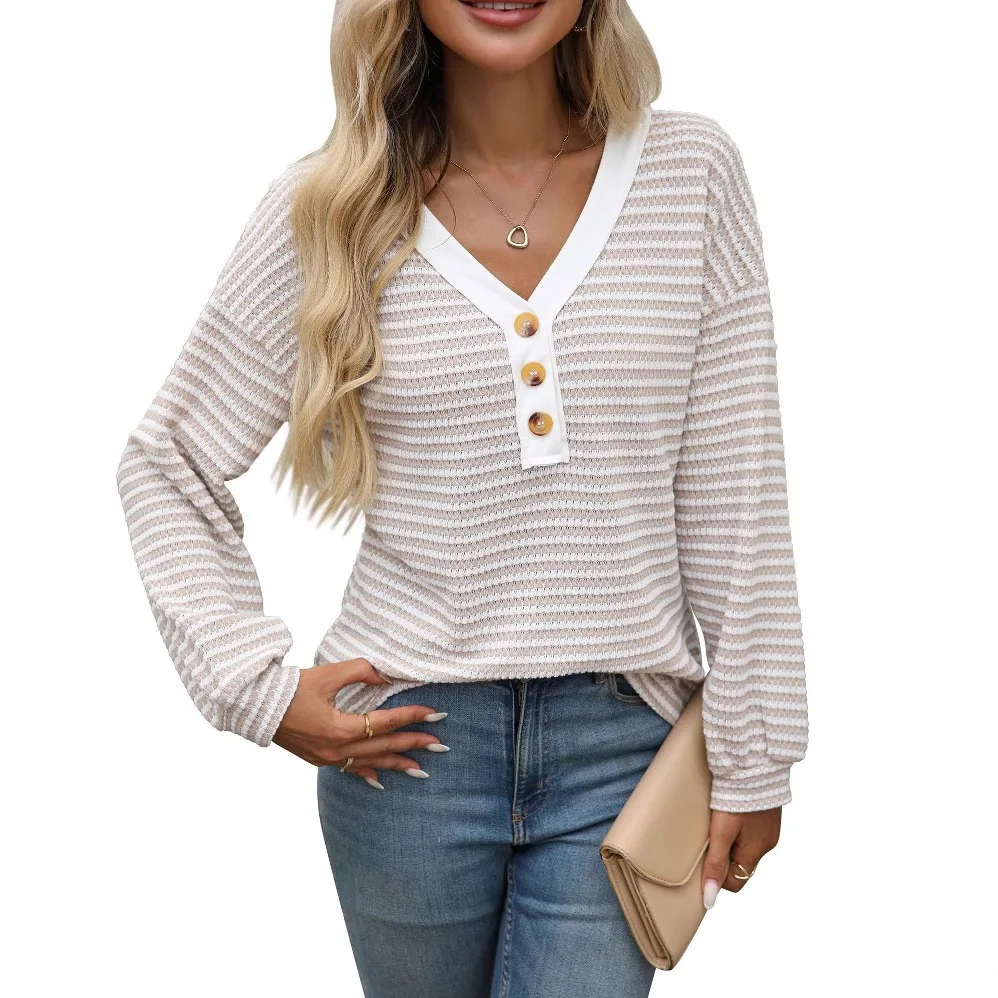 Patchwork Casual Top Regular Length with Western Style Bound Seam Loose Fit Long Sleeve Shirts V Neck Women Long Sleeve Shirt