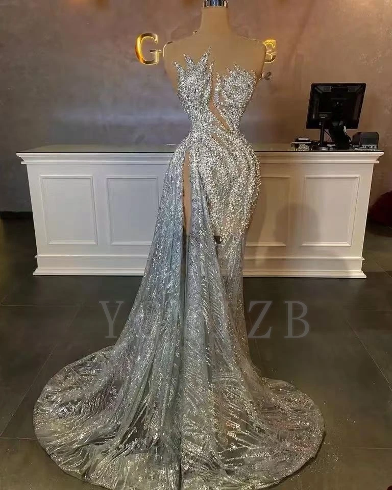 Sexy Illusion Evening Dresses Long Luxury Sparkly Beaded High Split Woman Silver Prom Party Special Occasions Gowns Customized