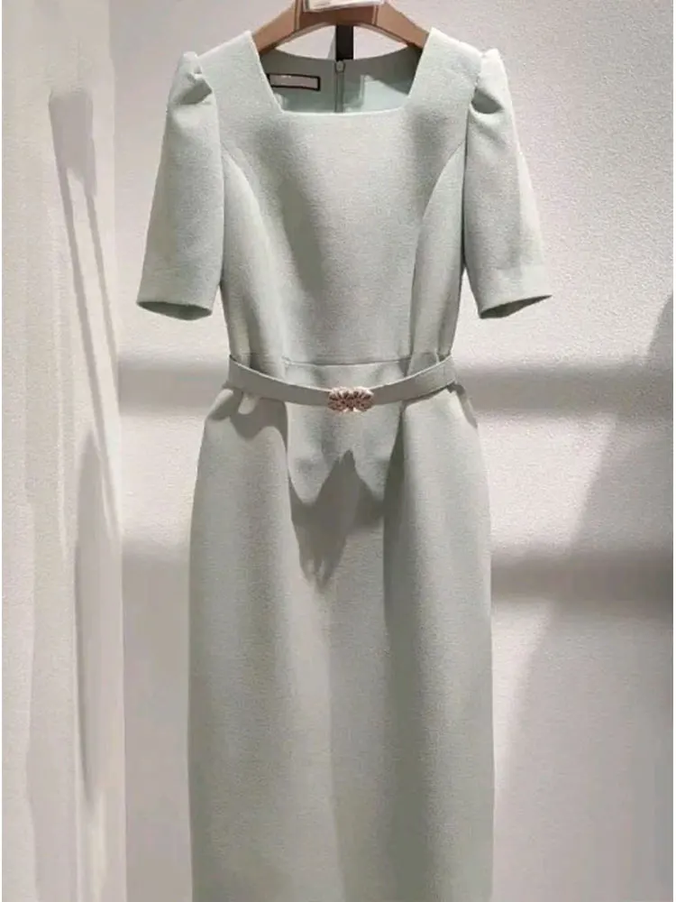 

Elegant Korean Style Long Dress Chic Business Women's Straight Tube Dress Square Collar Short Sleeve Summer Fashion Dress
