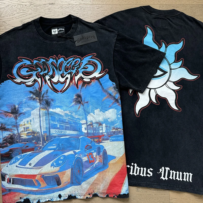 

Streetwear Godspeed T-shirts Sports Car Printed Short Sleeves GOD SPEED Tops Tees