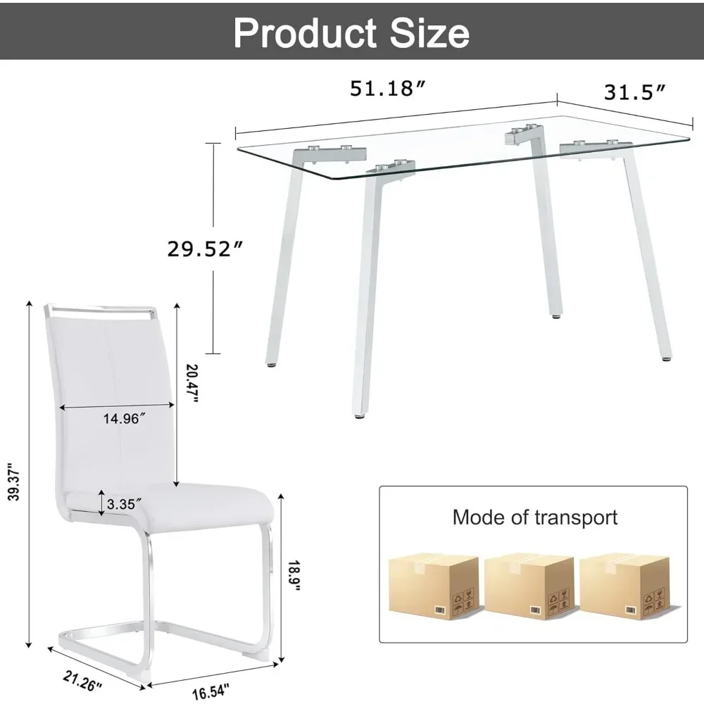 Glass Dining Table Set for 4,Rectangle Dinner Table with 4 White Leather Kitchen Chairs,51 in Kitchen Room Dining Set