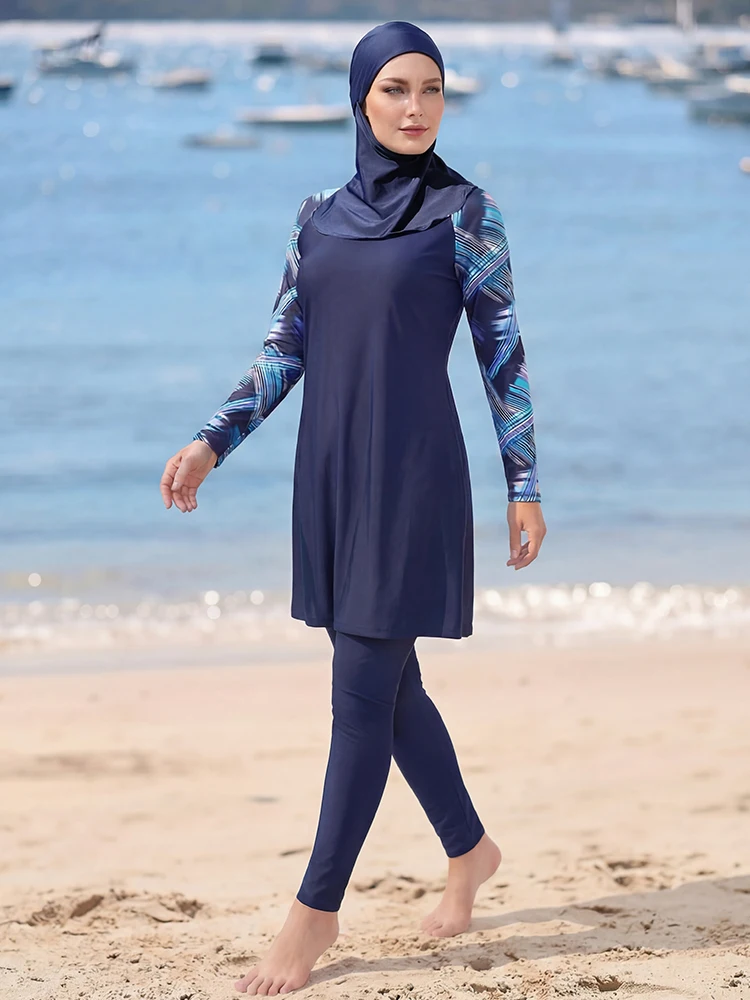 

3PCS/set long sleeved printed Islamic style burkini, women's UV resistant swimsuit, breathable quick drying Muslim beachwear