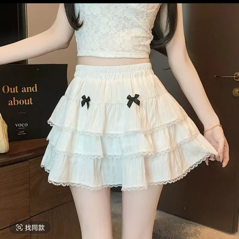 2025 New Japanese Korean Sweet Bow White Ruched A-line Skirts Summer High Waist Cake Skirt Women Casual Simple Faldas Sexy Mujer