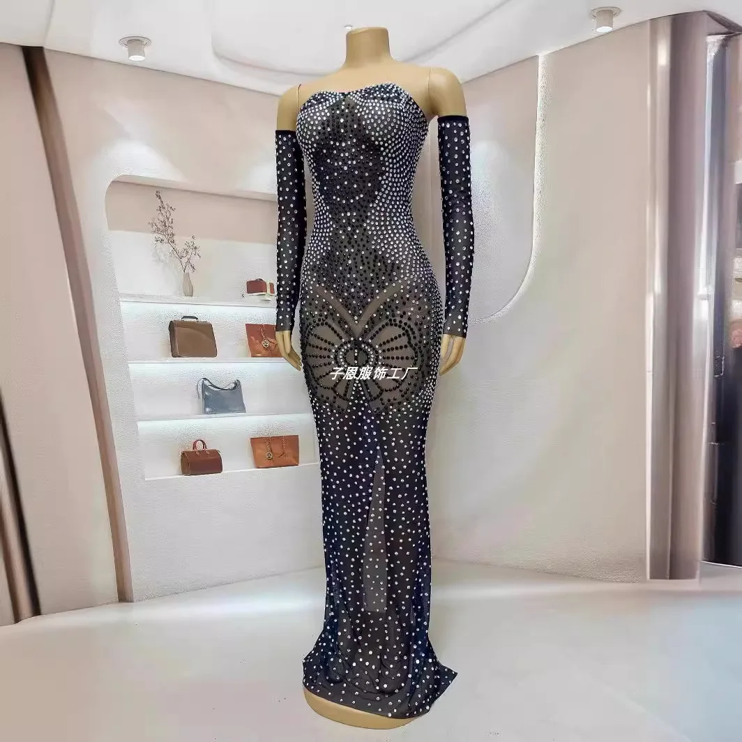 

Flash Rhinestone With Sleeves Reception Red Carpet Evening Dress Performance Dress Tube Top Long Galaxy Vestidos Luxo Para Festa