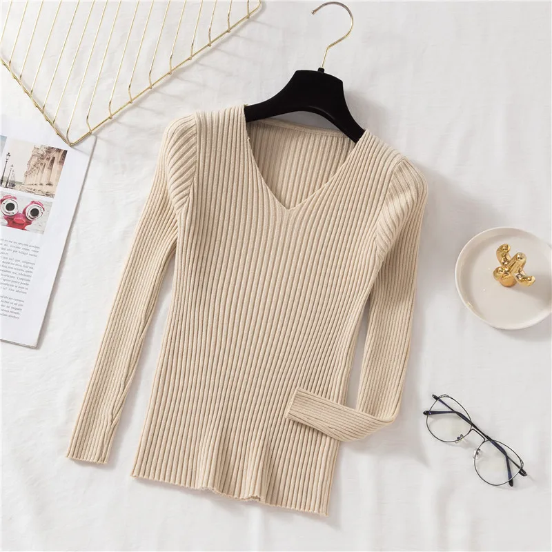 Pullover Knitted V-Neck Solid Casual Basic Soft Slim Women's Sweater Korean Fashion Jumpers Long Sleeve Female Sweaters Tops