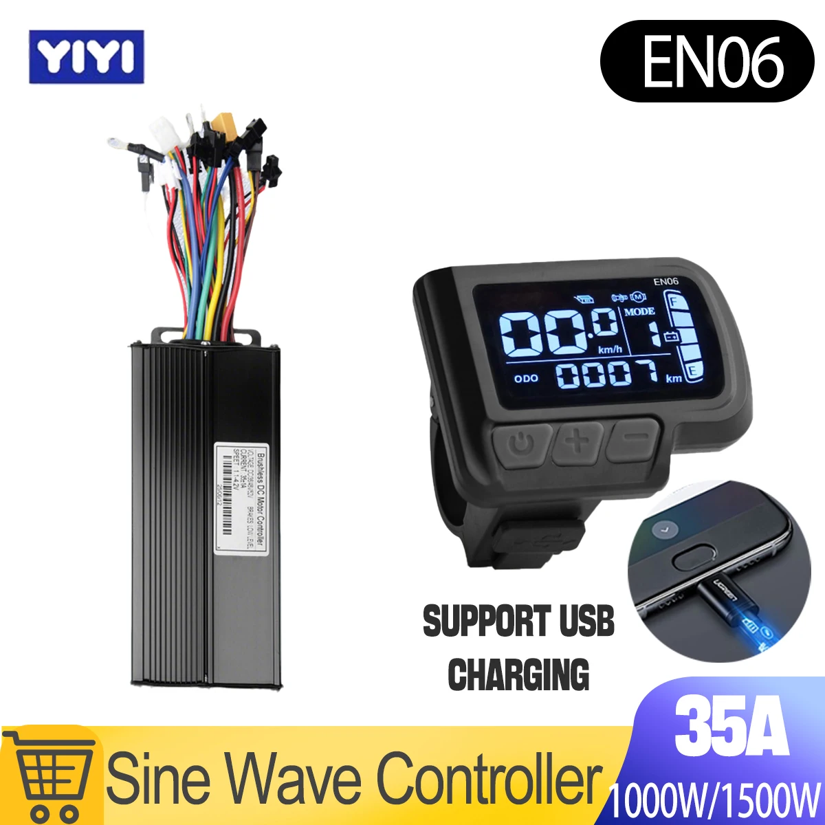

36V52V 35A E Bike Parts Sine Wave Controller 1500W/1000W EN06 Display for Electric Bike/E-Scooter USB Charging Port High Quality