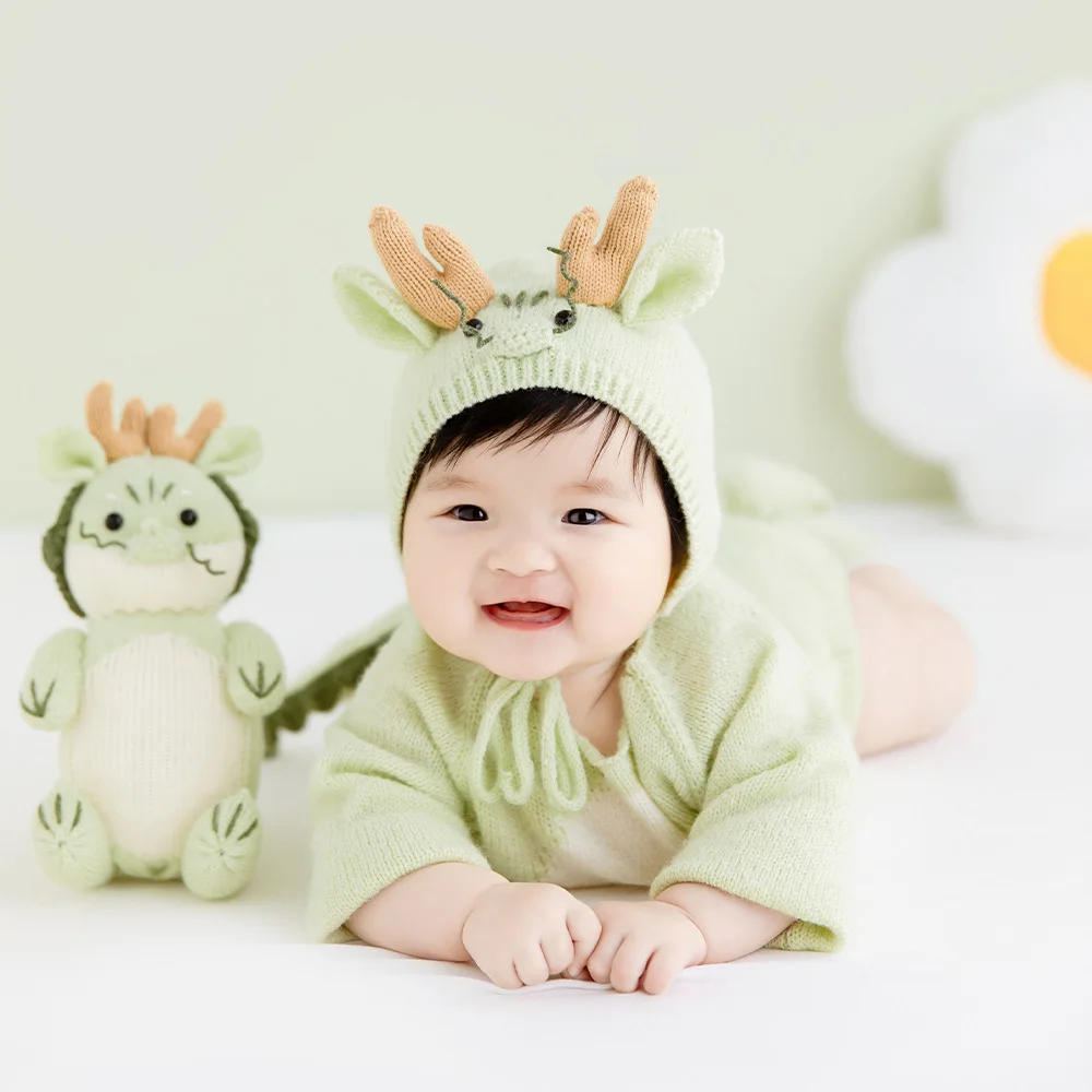 100 Days Newborn Baby Photography Outfits Green Knitted Dragon Jumpsuits With Tail Chinese Dragon Doll Studio Photography Props