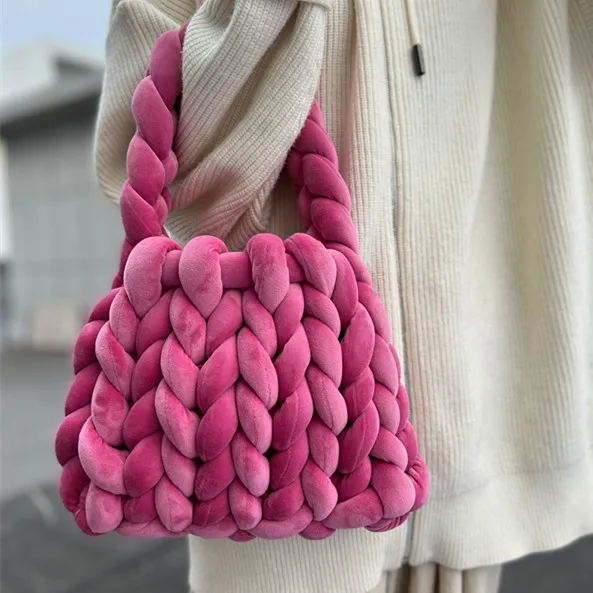 

DIY Hand Woven Bags Crystal Velvet Female Casual Shopping Purse Tote Wool Knitting Handbag Cosmetic Storage Bag