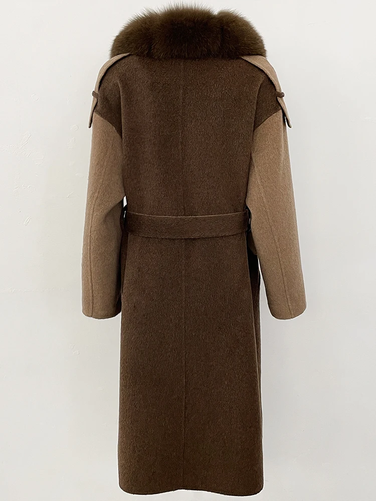 معطف صوف طويل بحزام واحد الصدر للسيدات لعام 2025 ملابس جديدة للخريف والشتاء سترة صوفية من فراء الثعلب الطبيعي والكشمير