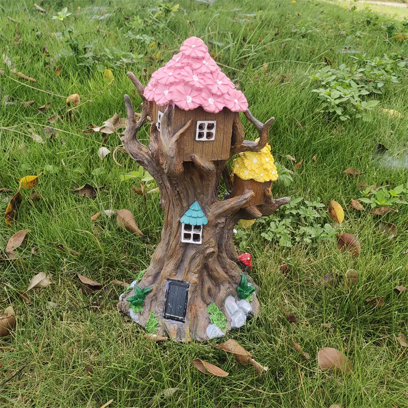 Mysterious Tree House Solar Garden Statues Balcony Outdoor Decor Courtyard Garden Decoration Landscape Night Light Ornament
