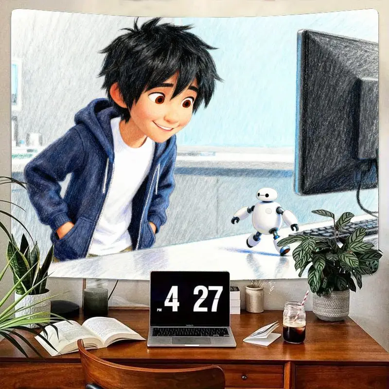 1 tapiz de Anime Big Hero 6 Hiro Hamada Baymax, decoración artística de pared de poliéster moderna para habitación de niños, dormitorio, regalo de seguidor de película