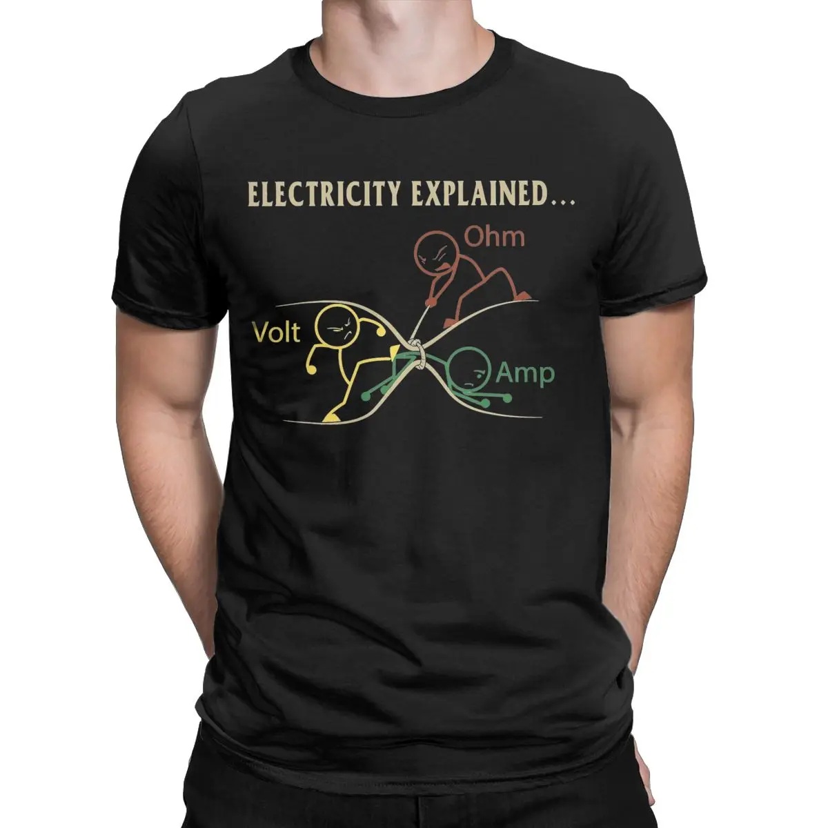 Funny Electricity Explained Physics T-Shirts for Men Volt Ohm Ampere Pure Cotton Tees Crew Neck Short Sleeve T Shirts Clothing