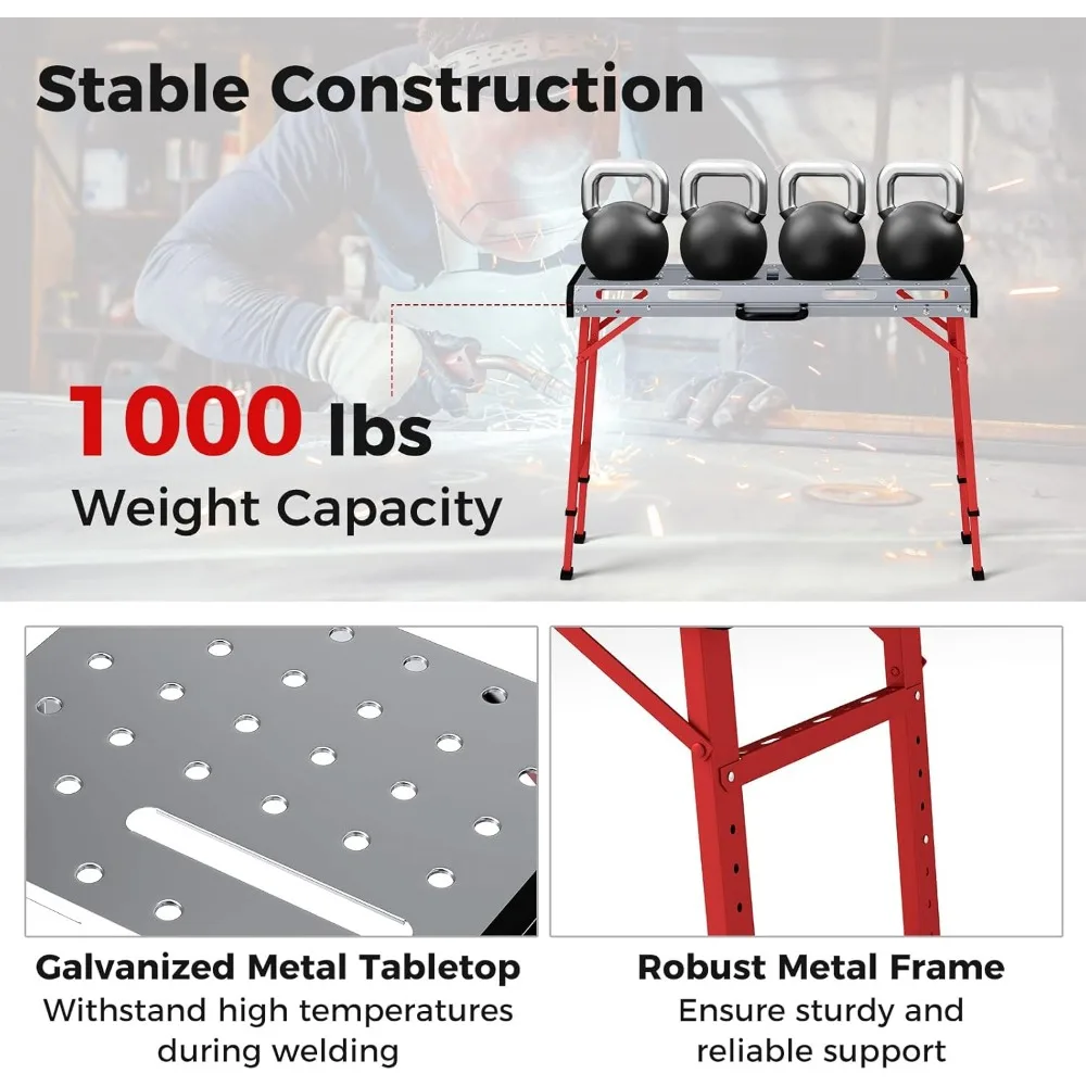 منضدة لحام قابلة للطي بارتفاع قابل للتعديل 42 × 21، سعة 1000 رطل، مشبكين، 8 فتحات أدوات، محمولة للاستخدام عالي التحمل #5