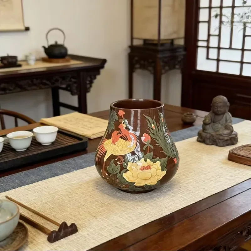LG Yixing Kiln Ceramic Environmental Protection 2L Capacity Phoenix Peony Handmade Laminated Vase Antique Style