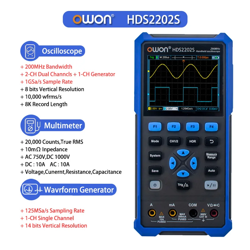 OWON HDS242S HDS272S HDS2102S HDS2202S Handheld digitale oscilloscoop 200MHz 1GSa/s 2CH+1CH Generator USB Type C 3,5 inch 14 bits