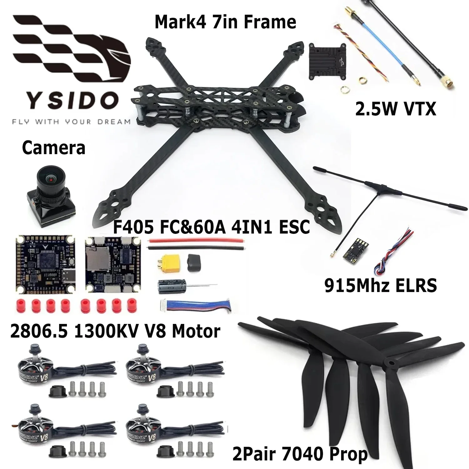 SmCpYSIDO Mark4 7inch 295mm Carbon Fiber Frame F4 F405 FC 60A ESC 2806.5 2807 1300KV Motor For RC FPV 7