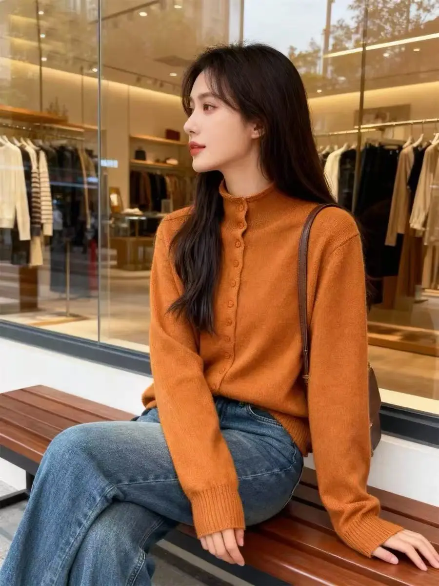 

Hot selling new knitted cardigan women's half high neck 100% Merino wool sweater fashionable slim fit spring autumn base sweater