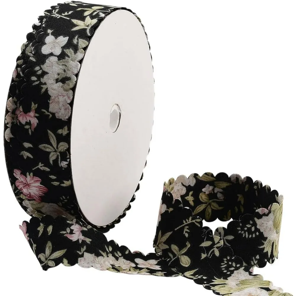 20 Yards Blumendruckband, schwarzes Blumenmusterband, Polyester, Vintage, Frühling, Sommer, doppelter gewellter Rand, Stoffbänder, Bulk
