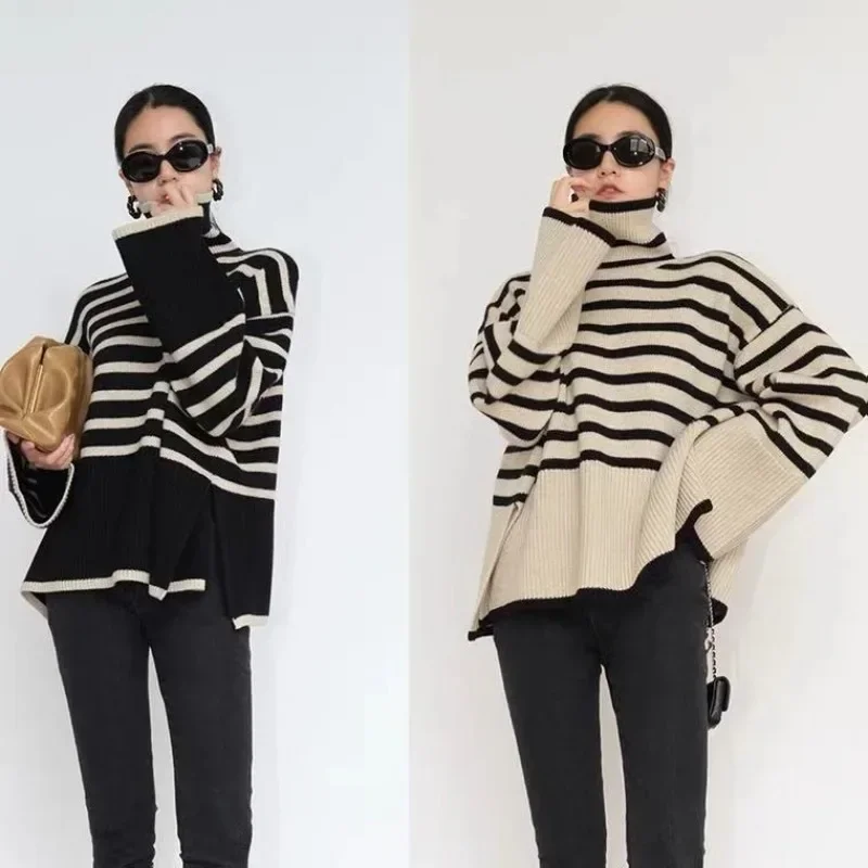 Women New High Collar Striped Sweaters Elegant Warm Side Slit Loose Knit Pullovers Autumn Winter Fashion Lantern Sleeve Jumpers