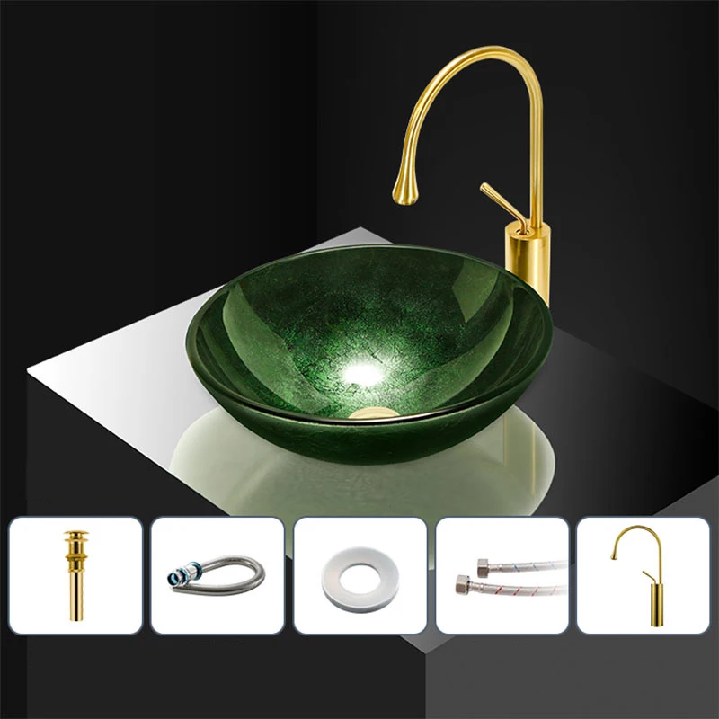 

Bathroom Sink Tempered Glass Sink Round Bowl Basin Glossy Sample Sink Solid Color Wasbasin Countertop Art Basin With Free Faucet