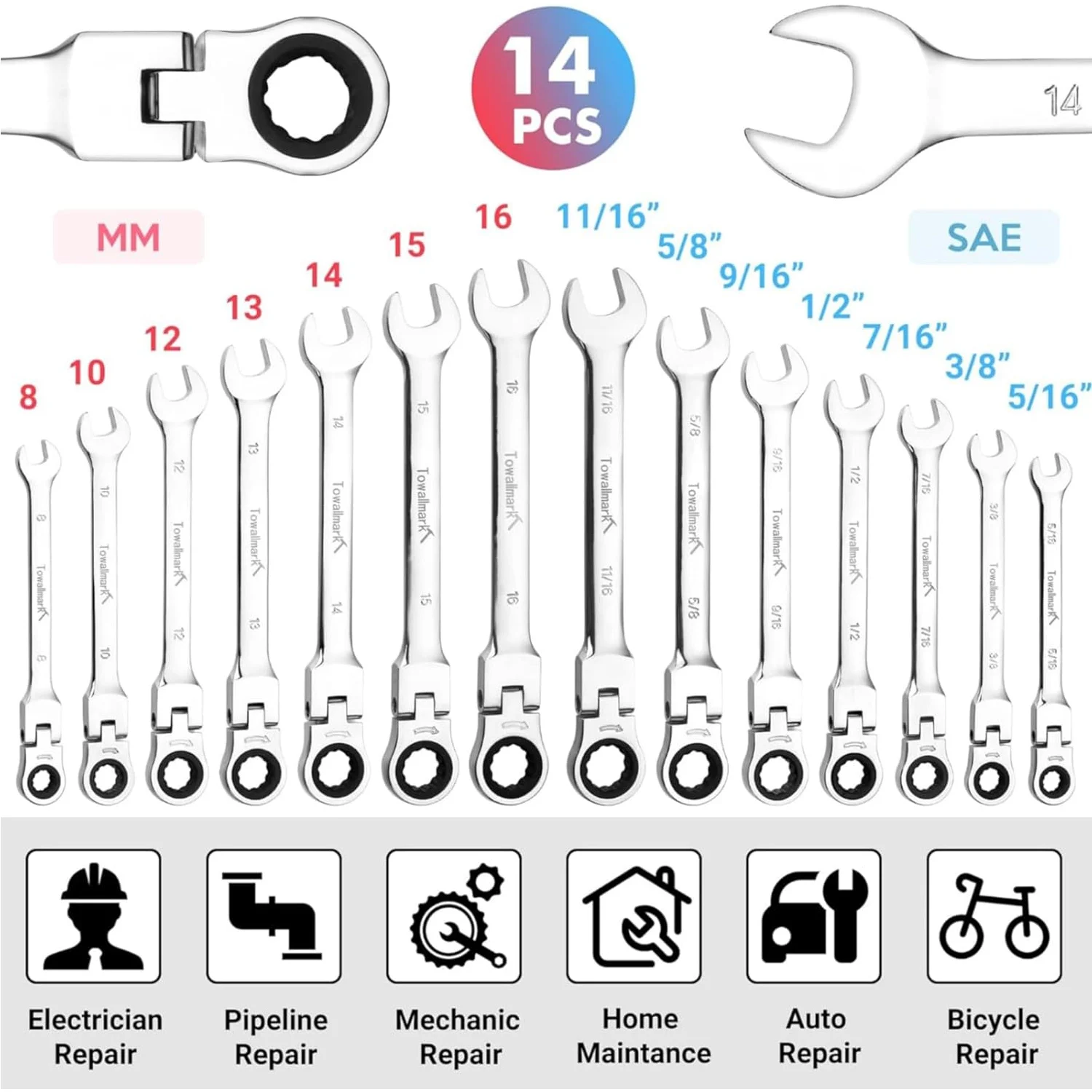 14-teiliges Ratschenschlüssel-Set, metrischer Flexkopf, Ring-Maulschlüssel-Set, SAE 5/16 Zoll, 11/16 Zoll und metrisch, 8–16 mm, 72 Zähne, mit Beutel