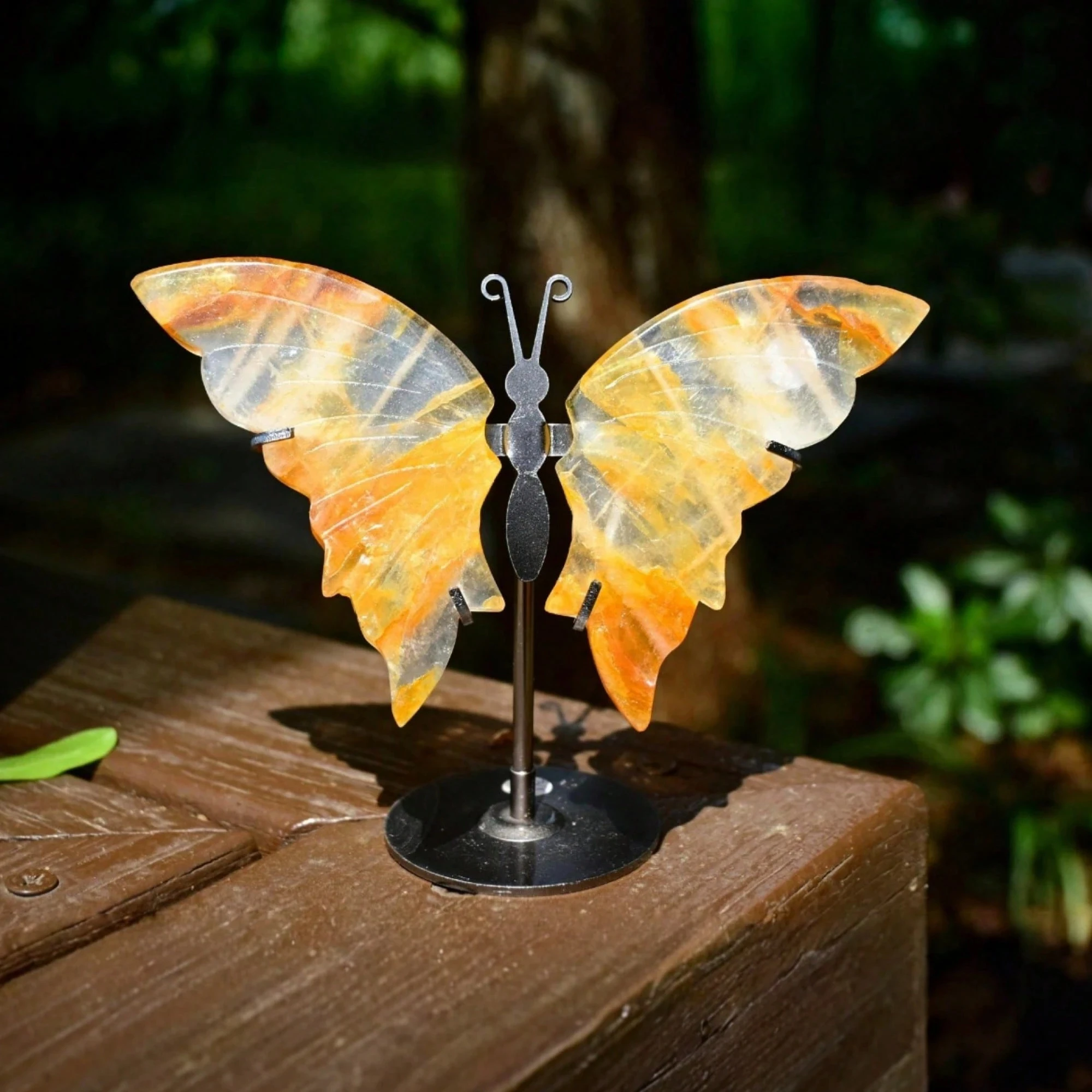 Natural Golden Healer & Red Hematoid Quartz Butterfly Wings Carved with Stand Crystal Reiki Healing Home Decor Unique Gift