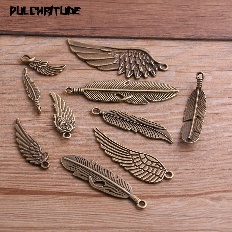 10 Styles Vintage Bronze Metal Small Big Wings Feather Charms For Jewelry Making Diy Zinc Alloy Mix Animal Pendant