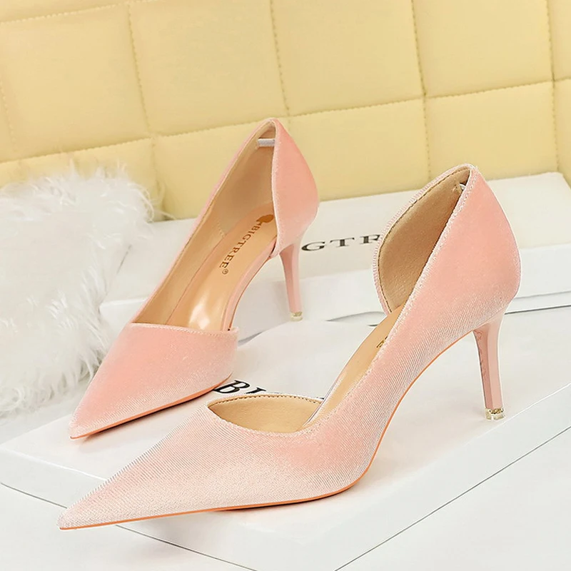 2024 New Arrivals Women 11cm Thin Heels Corduroy Pumps Lady Wedding Bridal Heels Side Hollowing Shoes