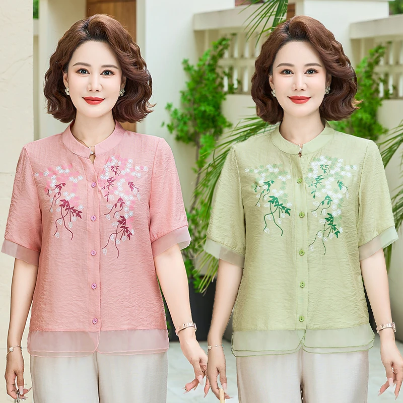 

Блузка с V-образным вырезом в ретро-стиле, художественная, свободного кроя, с вышивкой, короткий рукав, новинка весна-лето