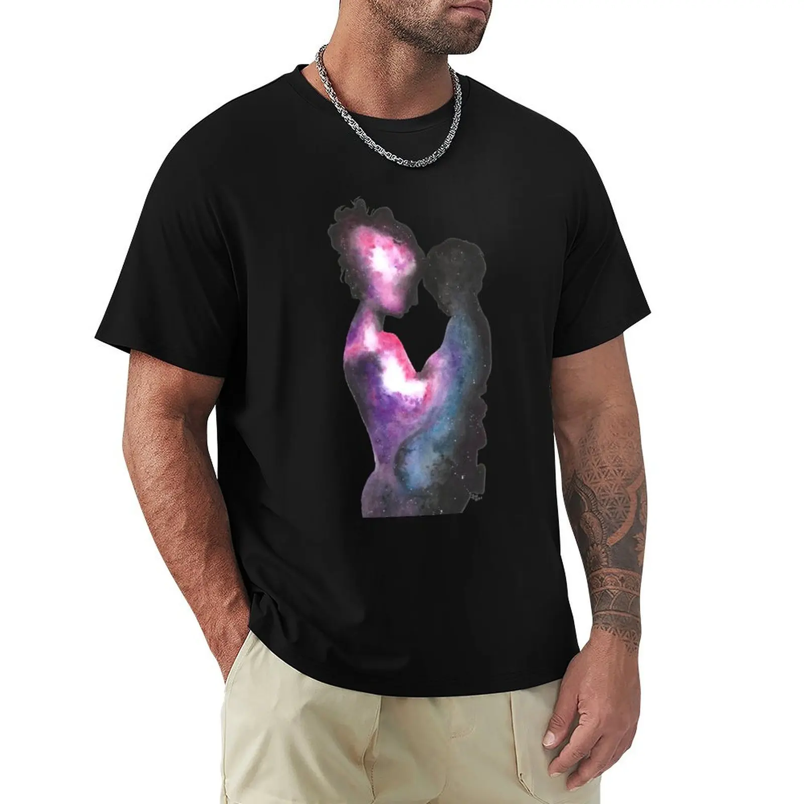 Galaxy Mother and Child Hand drawn Art, Mum Kid Art T-Shirt Plus Size Basic Short Sleeve Top