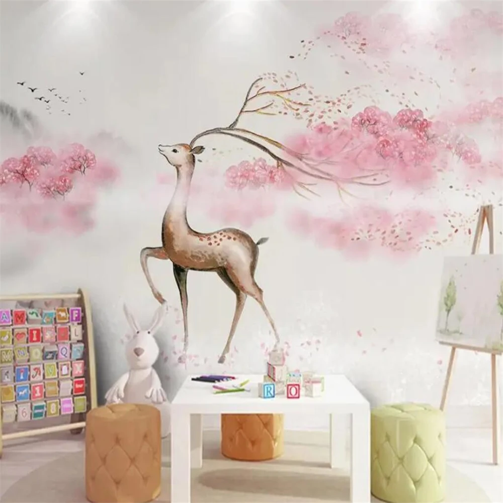 

Custom home decorations 3d wallpaper peach blossom elk landscape painting TV background wall papel de parede mural wall stickers