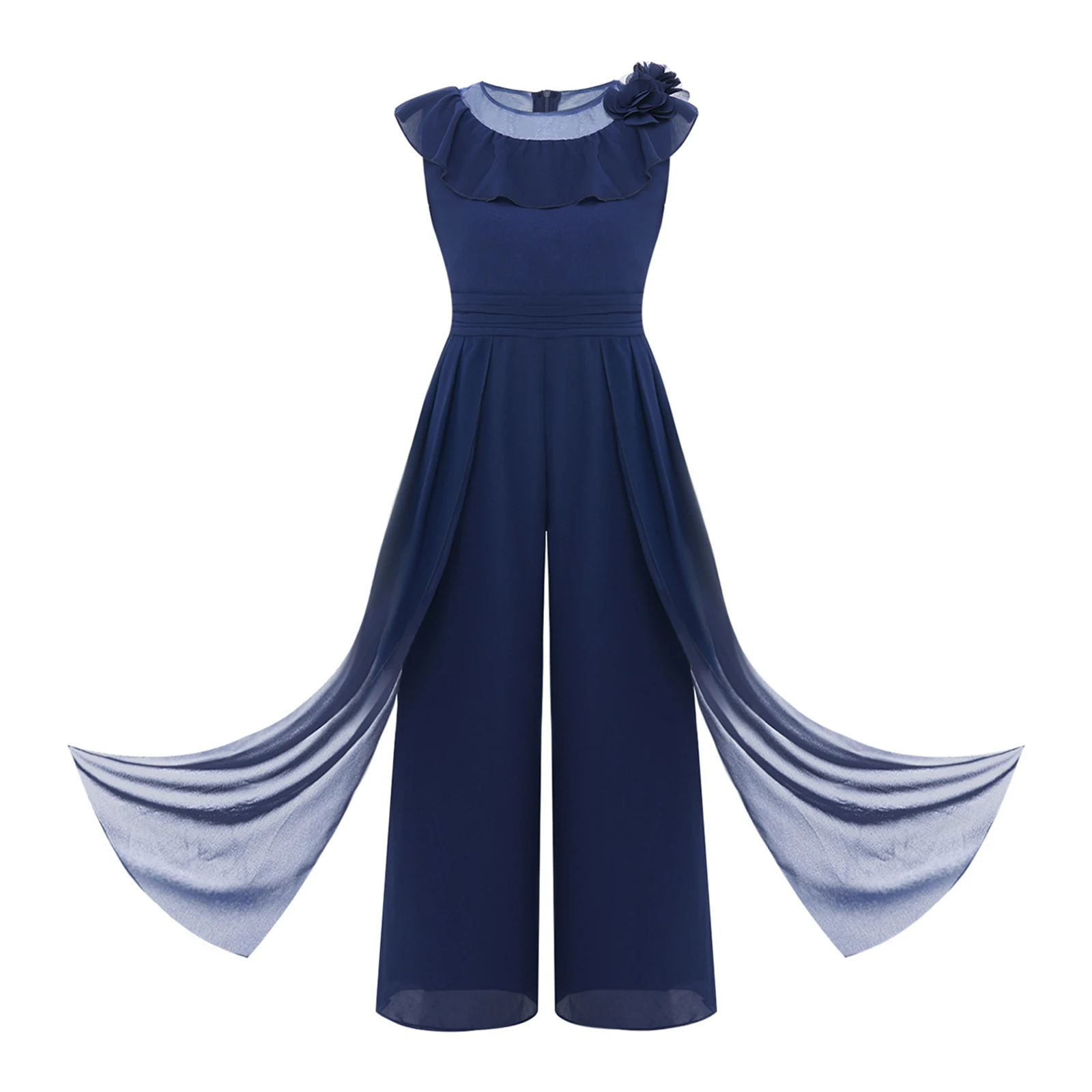 Flower Girl Chiffon Rompers Sleeveless Kids Ruched Waist Belt Wide Leg Pants Jumpsuit for Banquet Wedding Birthday Party Gowns