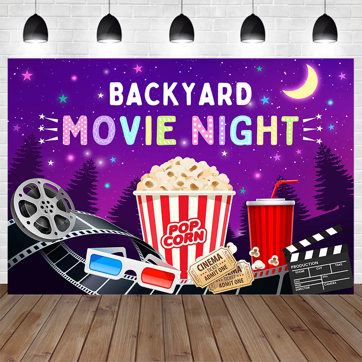 

Mocsicka Purple Girl Movie Night Backdrop Backyard Popcorn Sparkling Drink Cinema Ticket Background Birthday Party Decoration