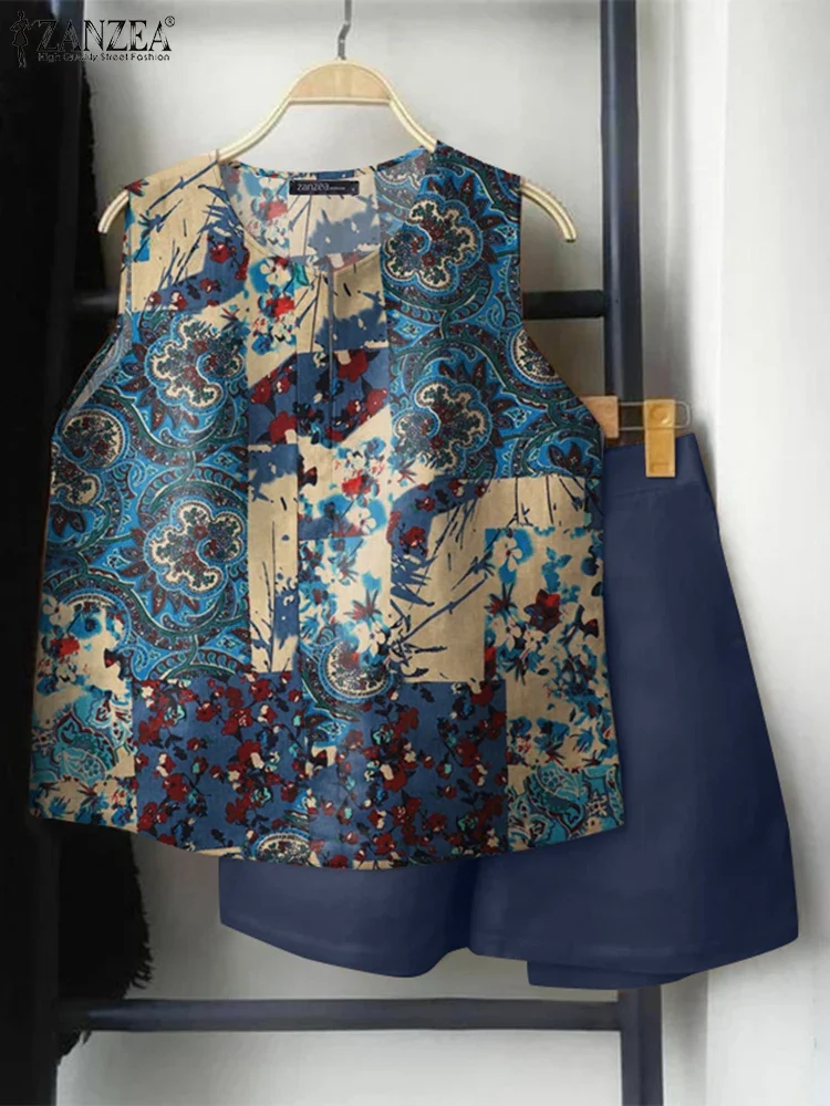 

ZANZEA 2025 Summer Cotton Short Sets Women Casual Loose Printed Tank and Shorts Fashion Tracksuit Pocket Matching Suits 2pcs