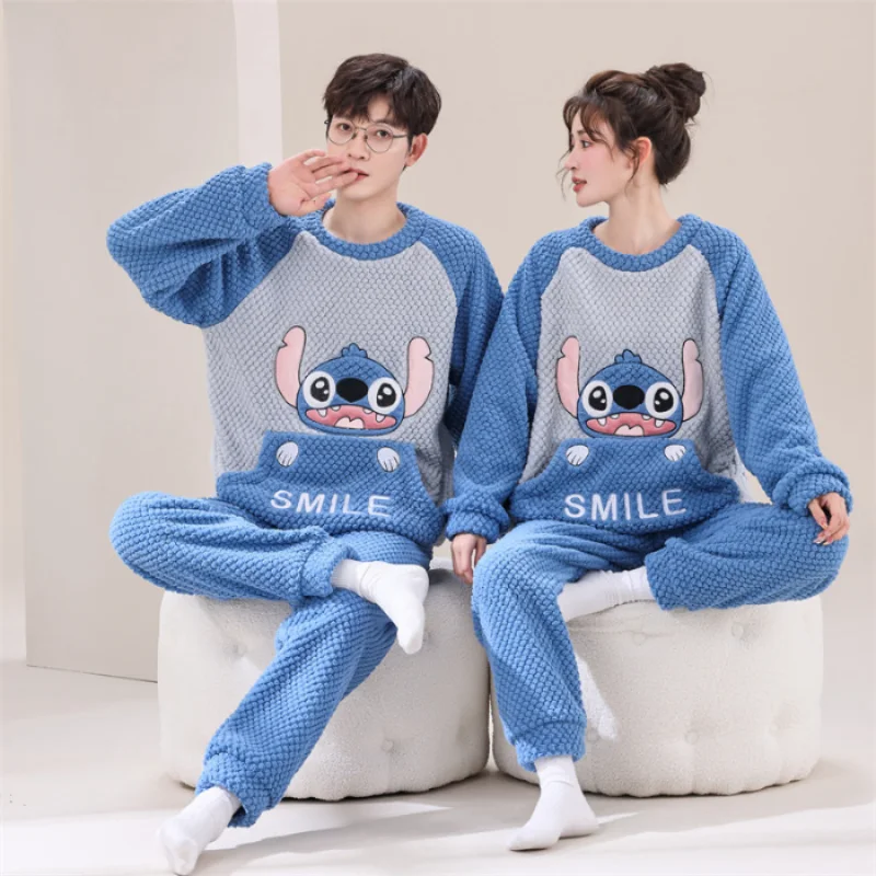 New Disney couple pajamas winter cartoon men\'s/women\'s coral fleece loose round neck Stitch loungewear women\'s pajamas