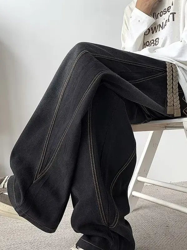 

Молодежные повседневные свободные джинсы с широкими штанинами для мужчин, весенне-осенние, модные, в стиле Vibe, с декоративными вставками, рабочие джинсовые брюки, дышащие, комфортные