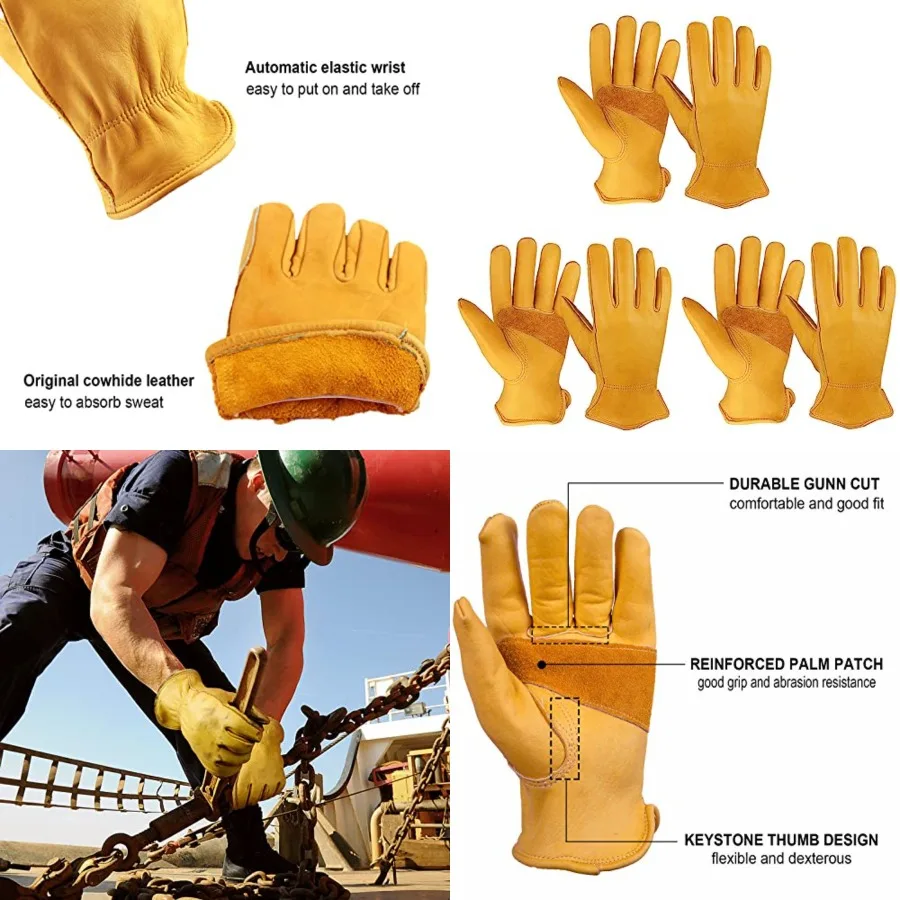 

OZERO Leather Work Gloves for Men, Cowhide Gardening Gloves with Reinforced Palm, Flexible Keystone Thumb, Elastic Wrist
