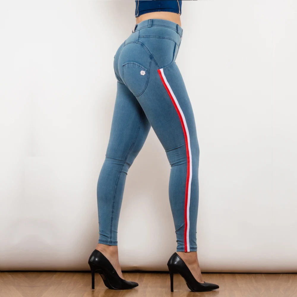 Shascullfites Melody Jeans elasticizzati slim fit Leggings per il sollevamento del sedere da donna azzurri con dettaglio a strisce Jeggings alla moda