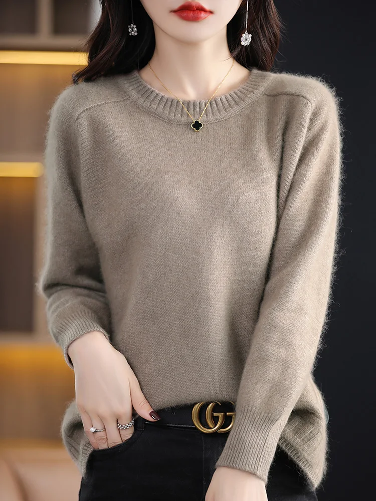 

New Fashion Women 100% Mink Cashmere Sweater O-neck Pullover Autumn Winter Knitwear Thick Female Grace Soft Casual Loose Tops