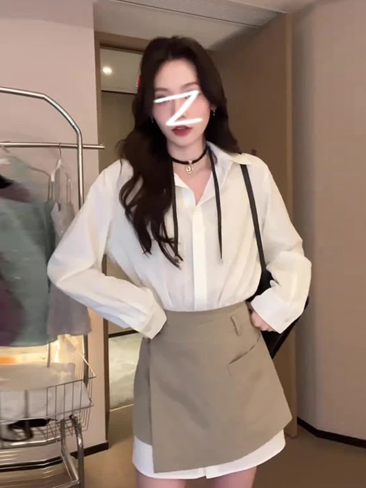 

Белый женский летний новый комплект в корейском стиле: рубашка с длинным рукавом и воротником из смесового полиэстера и хлопка