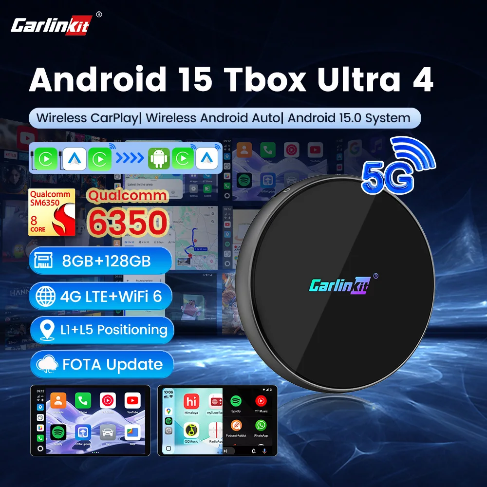 CarlinKit 울트라 안드로이드 16 카플레이 AI 박스 CQ4390M, 무선 카플레이, 안드로이드 오토, 스마트 카 TV 박스, 넷플릭스 지원, 5G 네트워크, 8GB RAM + 128GB 저장 공간
