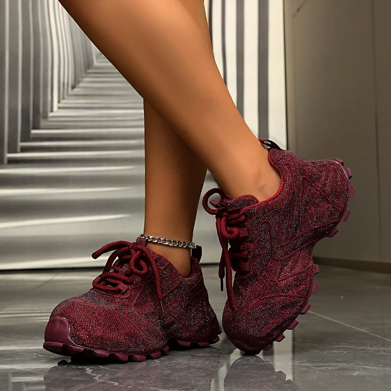 

Высококачественные женские спортивные и повседневные туфли на толстой подошве с круглым носком, на шнуровке, со стразами, универсальные, удобные, нескользящие, дышащие