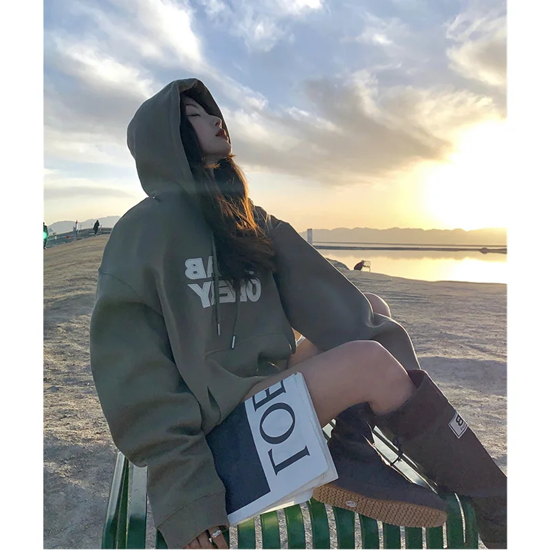 Women Green Hoodie Letter Print Drawstring Sweatshirt  Korean Fashion Hip Hop Leisure Fleece Thicken Winter New Tops Pullover