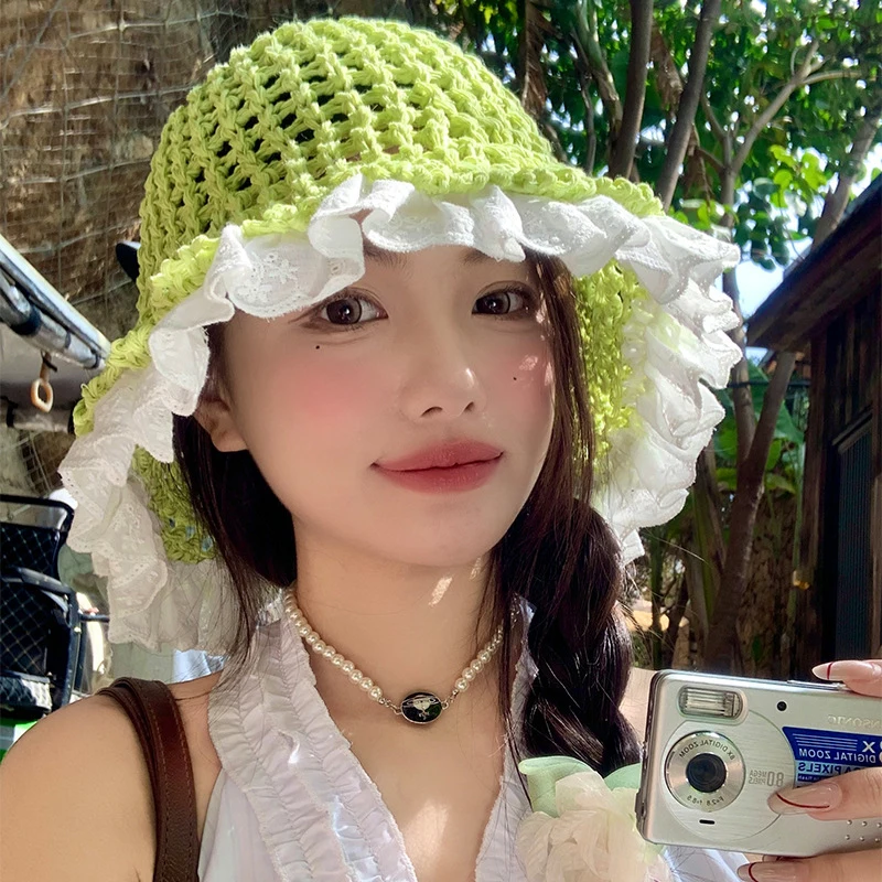 

Hot sale Women's Summer Lightweight Openwork Knit Fisherman Hat Breathable Face-Slimming Lace Trim Oversized Bucket Hat