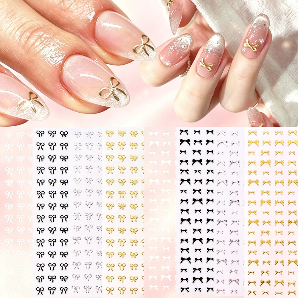 4/8pcs 3D Mixed Color Mini Bow Nail Stickers Luxury Gold Silver Black White Tiny Ribbon Bowknot Adhesive Nail Decals Nail Slider