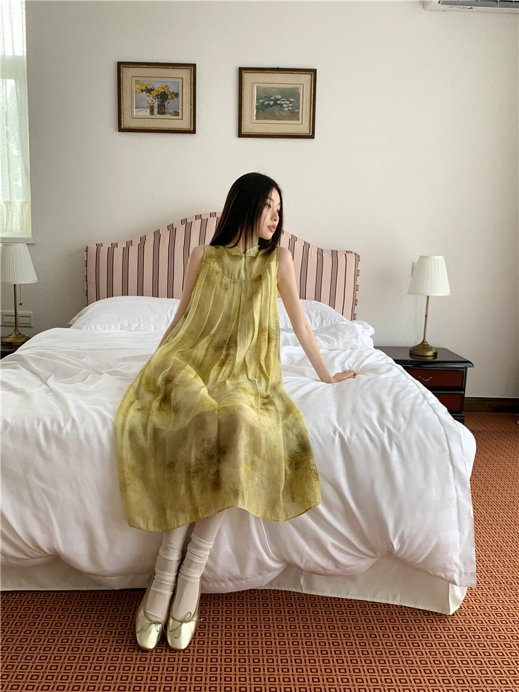CHEERART Vintage amarillo Floral sin mangas vestidos largos transparentes 2025 mujer suelto plisado vestido Midi fluido ropa de verano