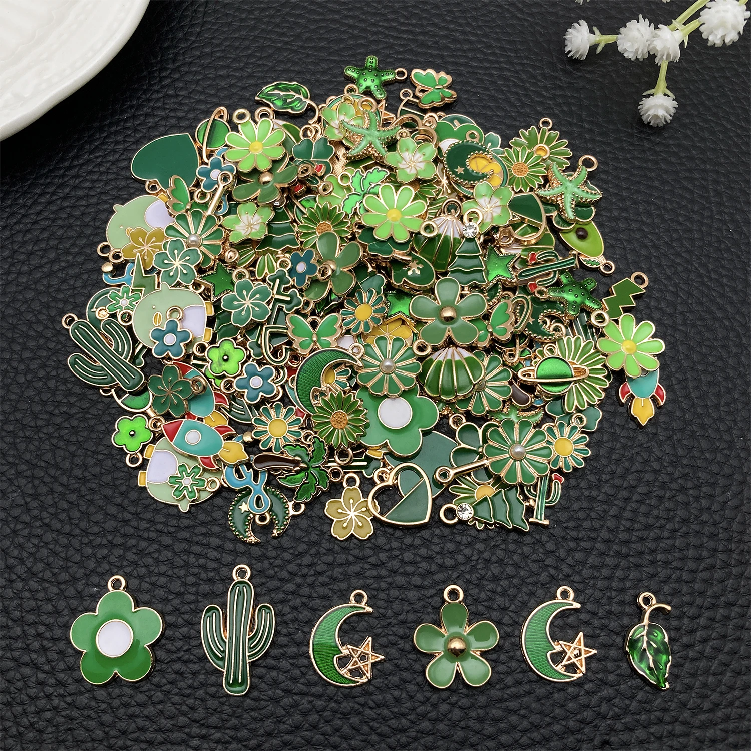 20/50/100pcs Forest Green Enamel Charm Collection! (Flowers, Clovers & Cacti) - Perfect for DIY Bracelets & Necklaces