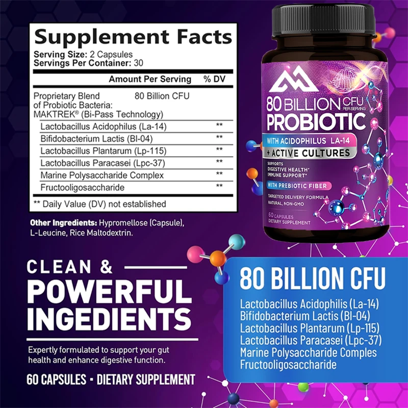 80 billion CFU probiotic Lactobacillus acidophilus, Bifidobacterium, and Probiotics Non GMO, gluten and dairy free, 60 capsules