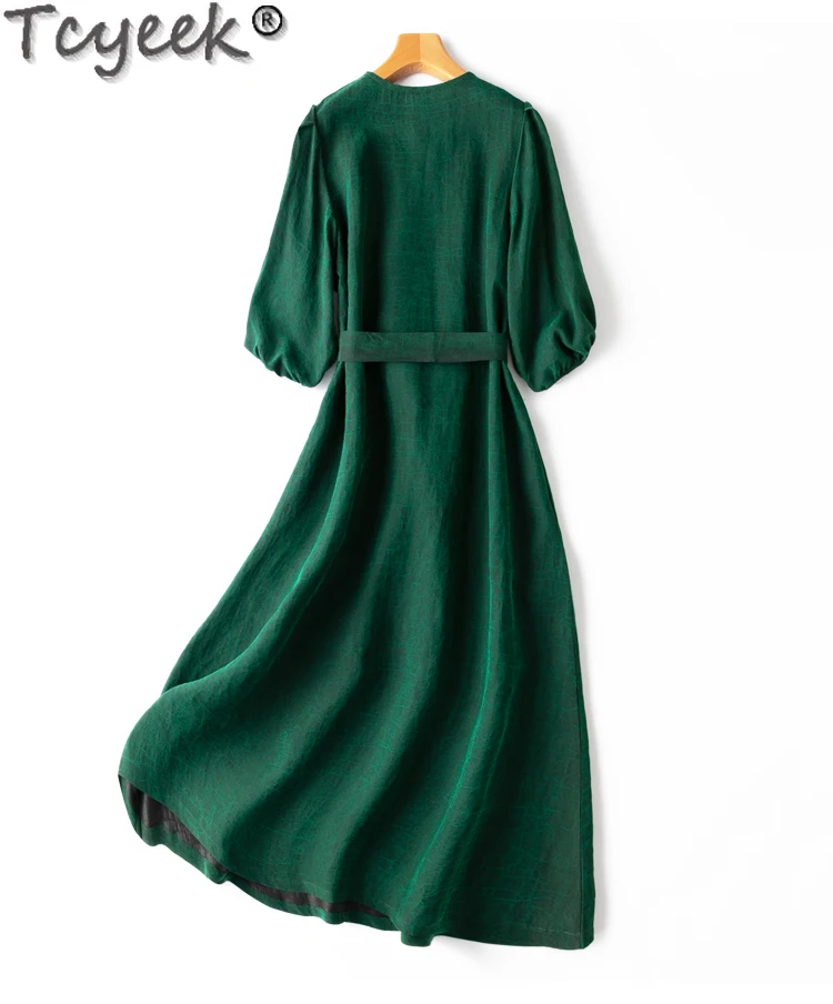 

Tcyeek 100% Real Mulberry Silk Dresses Elegant Women's Dresses 2024 Summer Clothes Women Green Dress Lace-up Vestido Feminino