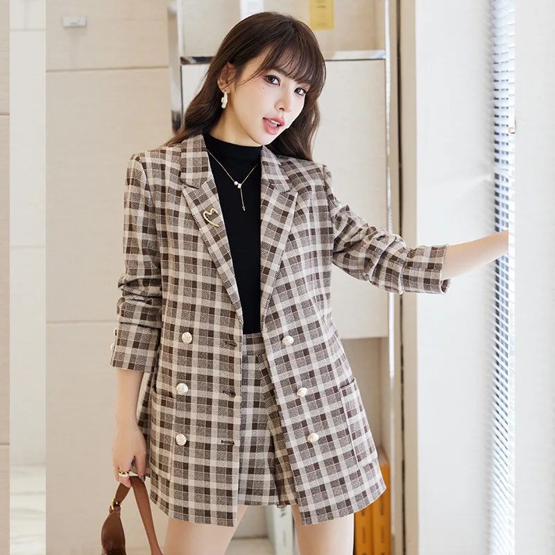 Plaid Blazer Women's Autumn and Winter Thickening Mid-Length Business Wear Temperament Goddess Style Leisure Suit Shorts Suit